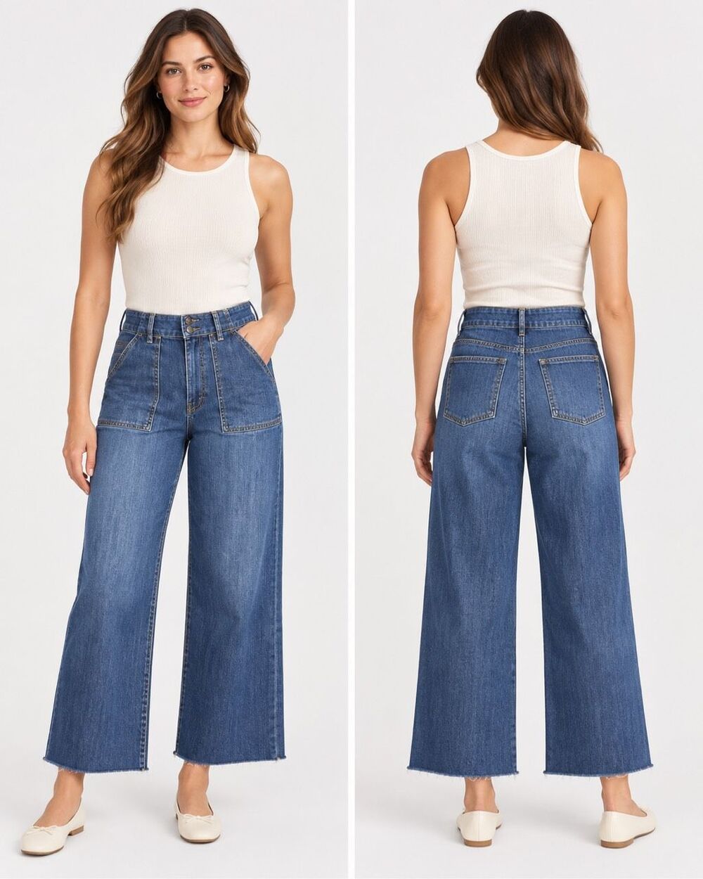KUT from the Kloth Meg Wide Leg Jeans Women’s 8 Medium Wash Patch Pocket Raw Hem